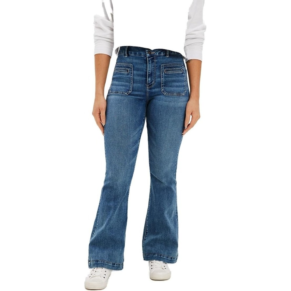 American Eagle Super High Rise Flare Jeans Womens 2 Blue Boho Patch Pockets